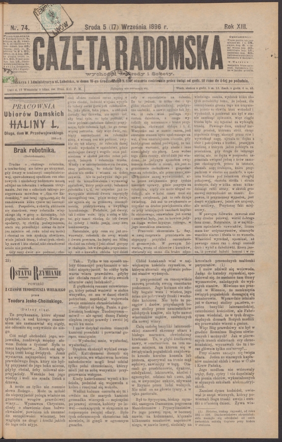 Gazeta Radomska. Rok&nbsp;13, 1896, numer&nbsp;74