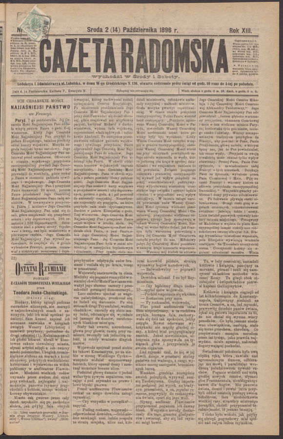Gazeta Radomska. Rok&nbsp;13, 1896, numer&nbsp;82