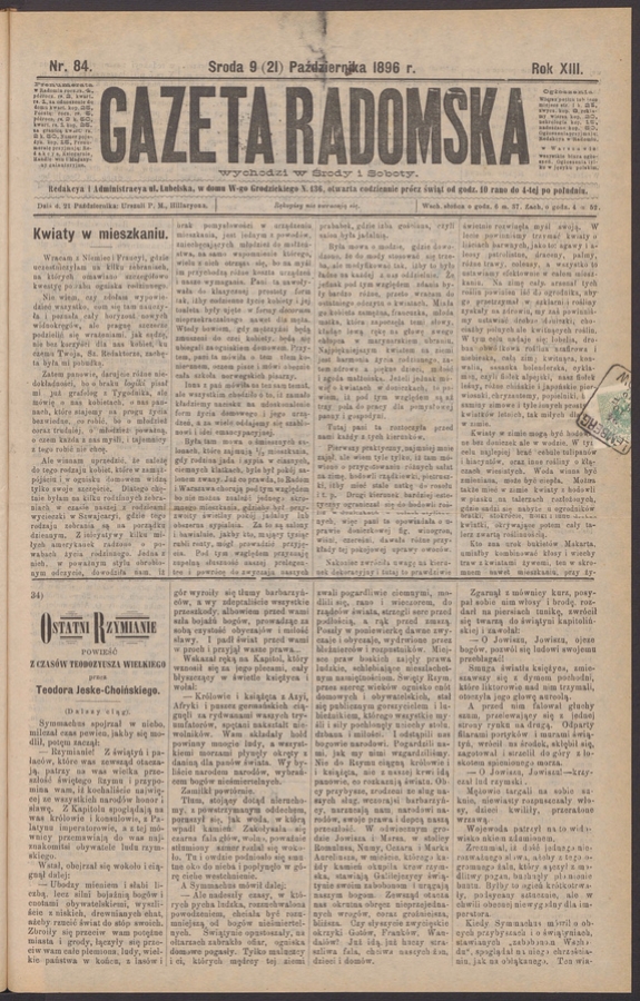 Gazeta Radomska. Rok&nbsp;13, 1896, numer&nbsp;84