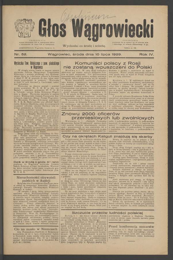 Głos Wągrowiecki. Rok&nbsp;4, 1929, numer&nbsp;52