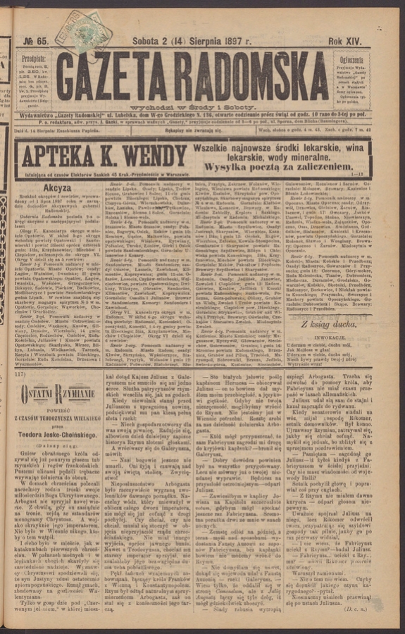 Gazeta Radomska. Rok&nbsp;14, 1897, numero&nbsp;65