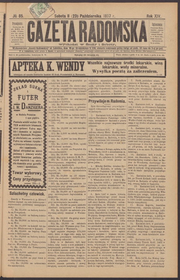 Gazeta Radomska. Rok&nbsp;14, 1897, numero&nbsp;85