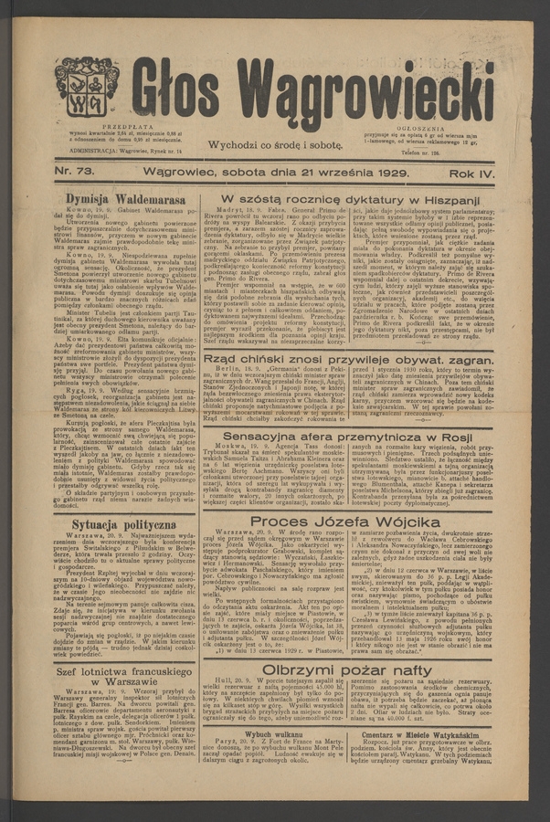 Głos Wągrowiecki. Rok&nbsp;4, 1929, numer&nbsp;73