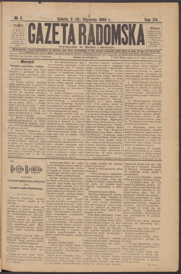 Gazeta Radomska. Rok&nbsp;15, 1898, numero&nbsp;5