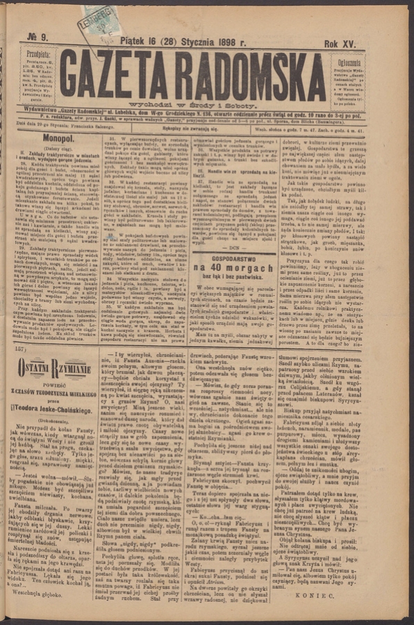 Gazeta Radomska. Rok&nbsp;15, 1898, numero&nbsp;9