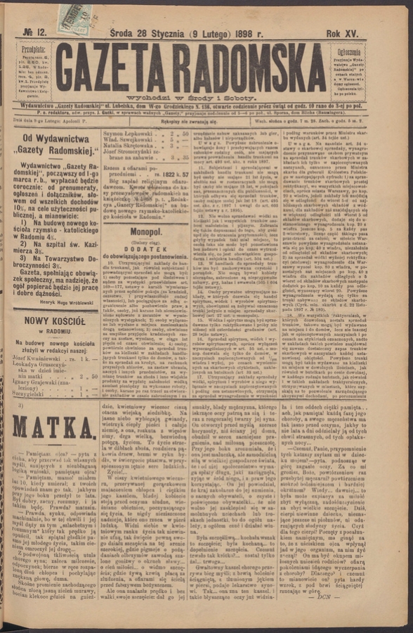 Gazeta Radomska. Rok&nbsp;15, 1898, numero&nbsp;12