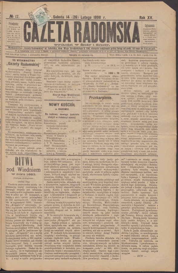 Gazeta Radomska. Rok&nbsp;15, 1898, numero&nbsp;17