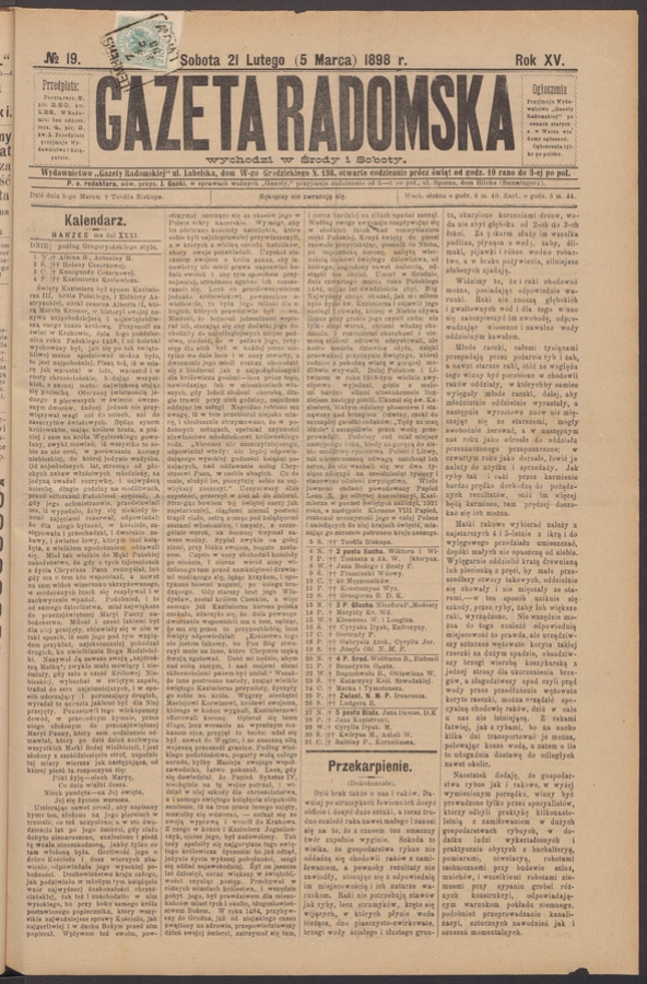 Gazeta Radomska. Rok&nbsp;15, 1898, numero&nbsp;19