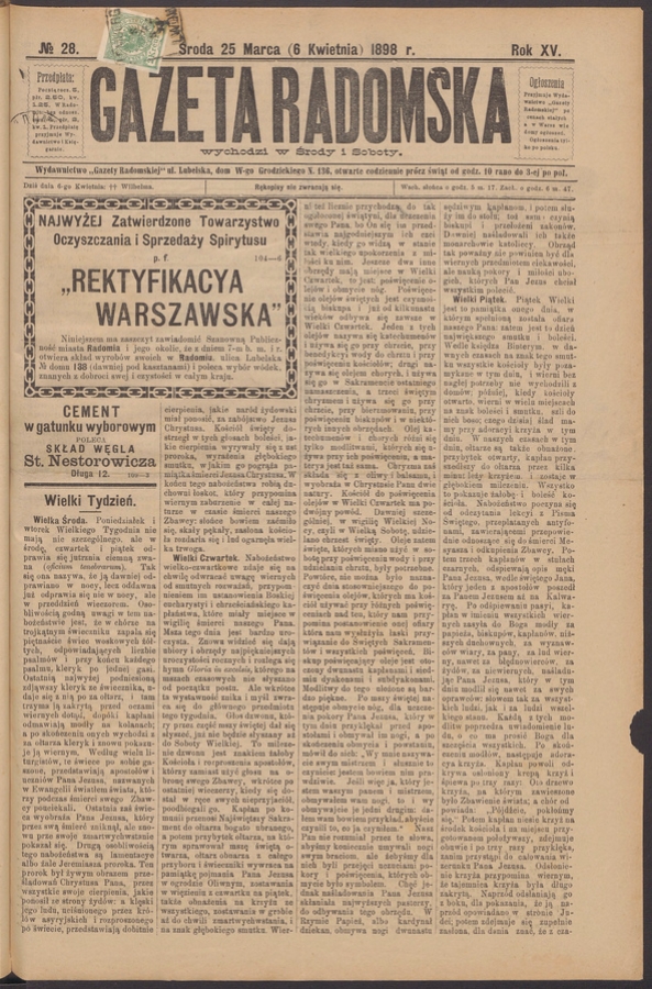 Gazeta Radomska. Rok&nbsp;15, 1898, numero&nbsp;28