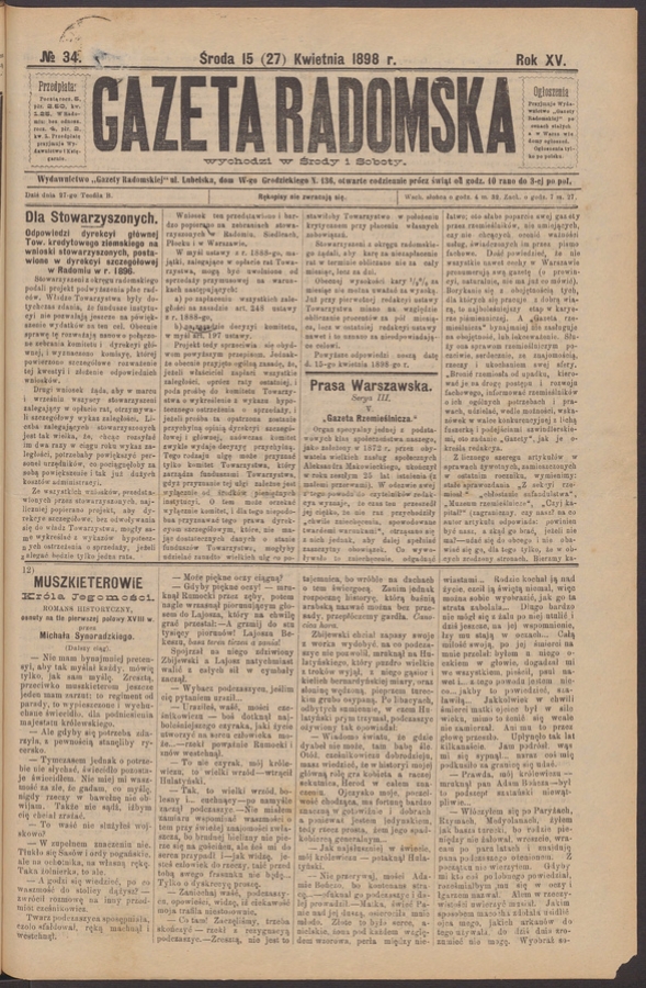 Gazeta Radomska. Rok&nbsp;15, 1898, numero&nbsp;34