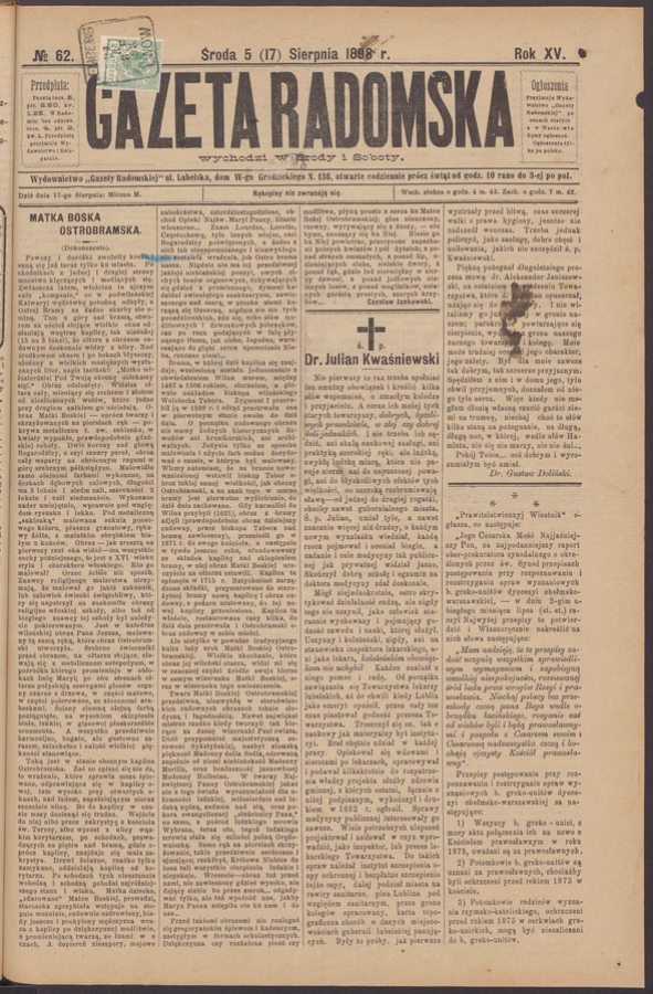 Gazeta Radomska. Rok&nbsp;15, 1898, numero&nbsp;62