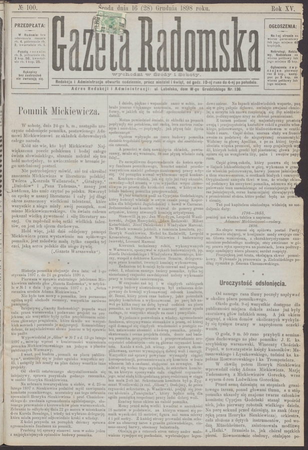 Gazeta Radomska. Rok&nbsp;15, 1898, numero&nbsp;100