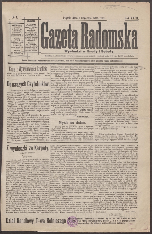 Gazeta Radomska. Rok&nbsp;23, 1906, numero&nbsp;1