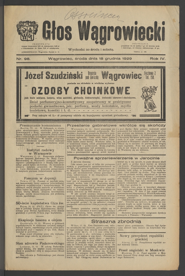Głos Wągrowiecki. Rok&nbsp;4, 1929, numer&nbsp;98