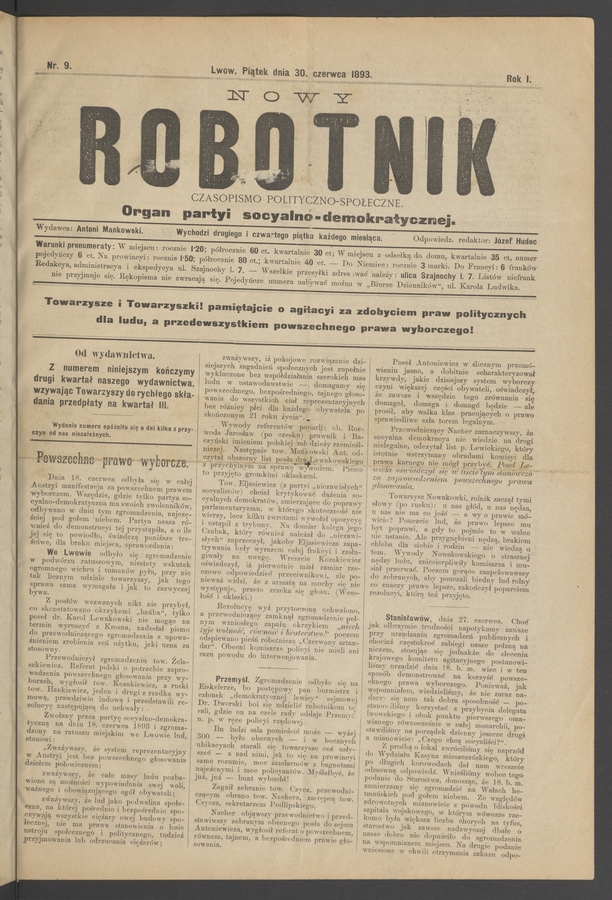 Nowy Robotnik : czasopismo polityczno-społeczne : organ partyi socyalno-demokratycznej. Rok 1, 1893, numer 9