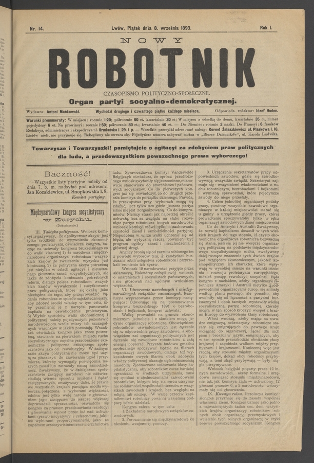Nowy Robotnik&nbsp;: czasopismo polityczno-społeczne&nbsp;: organ partyi socyalno-demokratycznej. Rok&nbsp;1, 1893, numer&nbsp;14