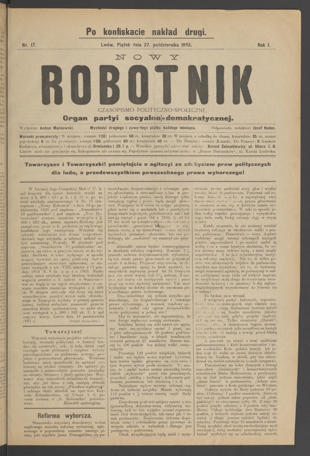 Nowy Robotnik : czasopismo polityczno-społeczne : organ partyi socyalno-demokratycznej. Rok 1, 1893, numer 17 (po konfiskacie nakład drugi)