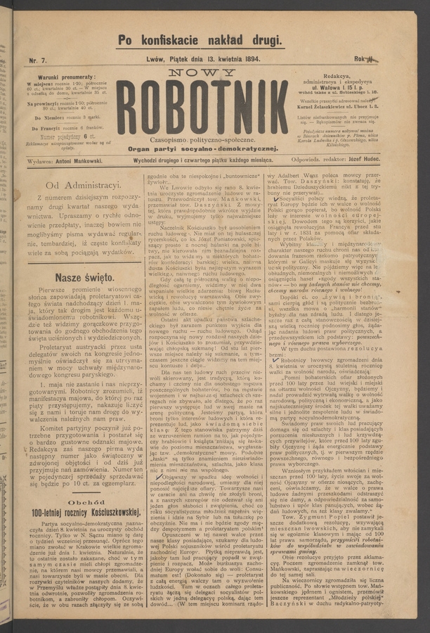Nowy Robotnik&nbsp;: czasopismo polityczno-społeczne&nbsp;: organ partyi socyalno-demokratycznej. Rok&nbsp;2, 1894, numer&nbsp;7 (po&nbsp;konfiskacie nakład drugi)