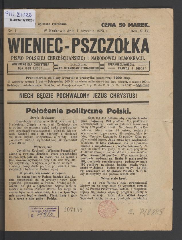 Wieniec-Pszcz&oacute;łka&nbsp;: pismo polskiej chrześcijańskiej i&nbsp;narodowej demokracji. Rok&nbsp;49, 1923, numer&nbsp;1