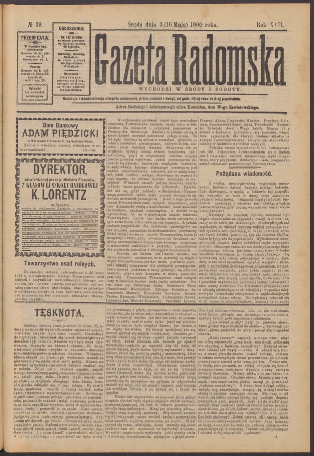 Gazeta Radomska. Rok&nbsp;17, 1900, numero&nbsp;39