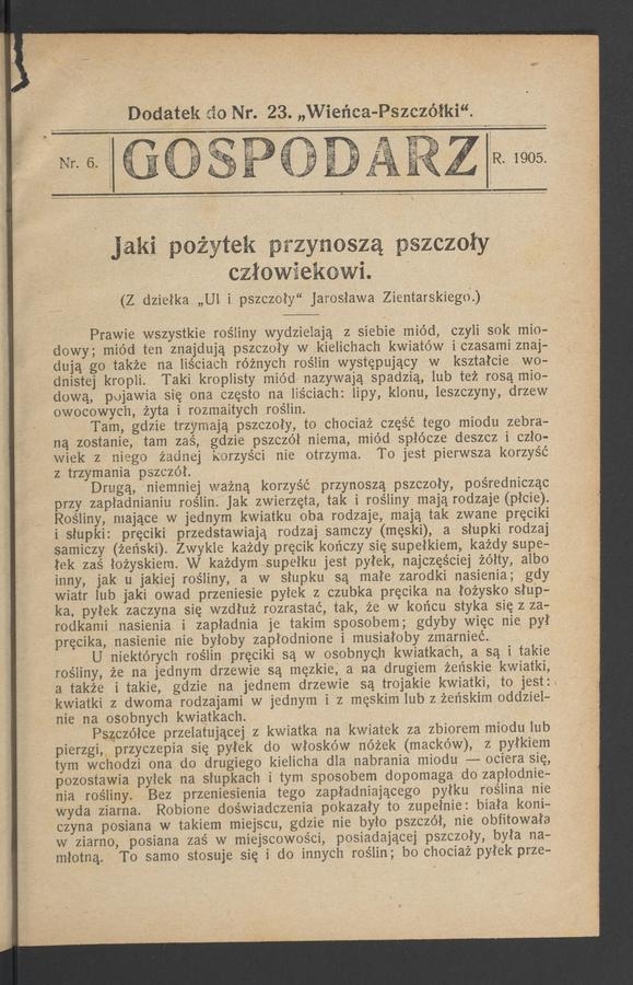 Gospodarz&nbsp;: dodatek do&nbsp;numeru&nbsp;23 &bdquo;Wieńca-Pszcz&oacute;łki&rdquo;. 1905, numer&nbsp;6