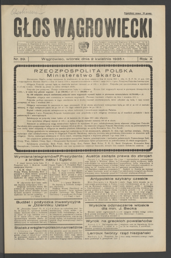 Głos Wągrowiecki. Rok&nbsp;10, 1935, numer&nbsp;39