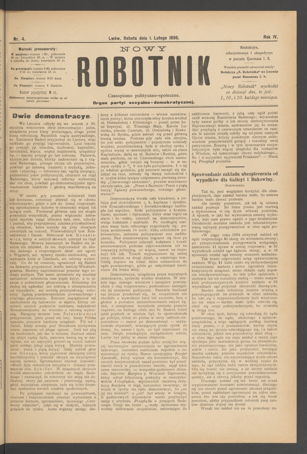 Nowy Robotnik&nbsp;: czasopismo polityczno-społeczne&nbsp;: organ partyi socyalno-demokratycznej. Rok&nbsp;4, 1896, numer&nbsp;4