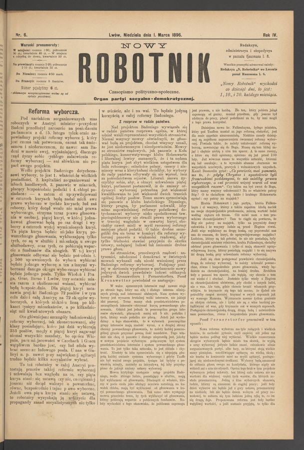 Nowy Robotnik&nbsp;: czasopismo polityczno-społeczne&nbsp;: organ partyi socyalno-demokratycznej. Rok&nbsp;4, 1896, numer&nbsp;6