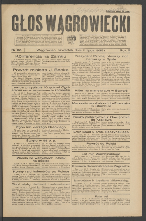 Głos Wągrowiecki. Rok&nbsp;10, 1935, numer&nbsp;80