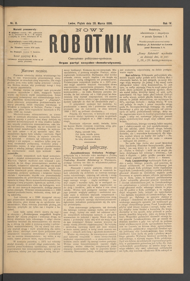Nowy Robotnik&nbsp;: czasopismo polityczno-społeczne&nbsp;: organ partyi socyalno-demokratycznej. Rok&nbsp;4, 1896, numer&nbsp;8