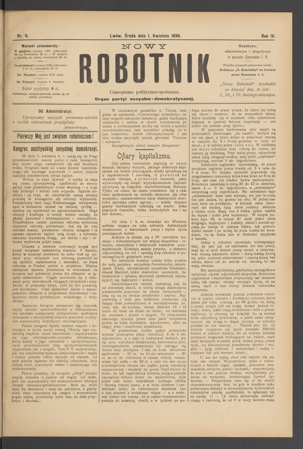 Nowy Robotnik&nbsp;: czasopismo polityczno-społeczne&nbsp;: organ partyi socyalno-demokratycznej. Rok&nbsp;4, 1896, numer&nbsp;9