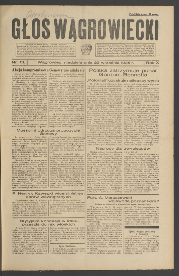 Głos Wągrowiecki. Rok&nbsp;10, 1935, numer&nbsp;111