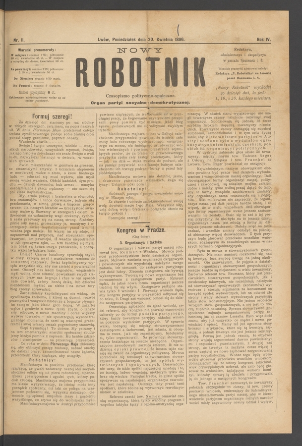 Nowy Robotnik&nbsp;: czasopismo polityczno-społeczne&nbsp;: organ partyi socyalno-demokratycznej. Rok&nbsp;4, 1896, numer&nbsp;11