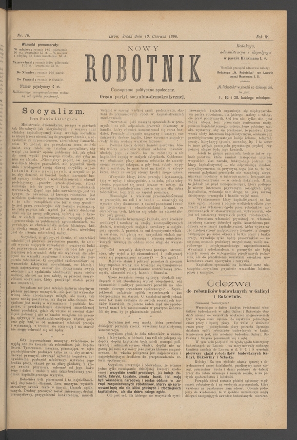 Nowy Robotnik&nbsp;: czasopismo polityczno-społeczne&nbsp;: organ partyi socyalno-demokratycznej. Rok&nbsp;4, 1896, numer&nbsp;16