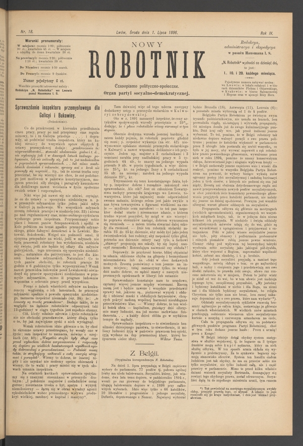 Nowy Robotnik&nbsp;: czasopismo polityczno-społeczne&nbsp;: organ partyi socyalno-demokratycznej. Rok&nbsp;4, 1896, numer&nbsp;18