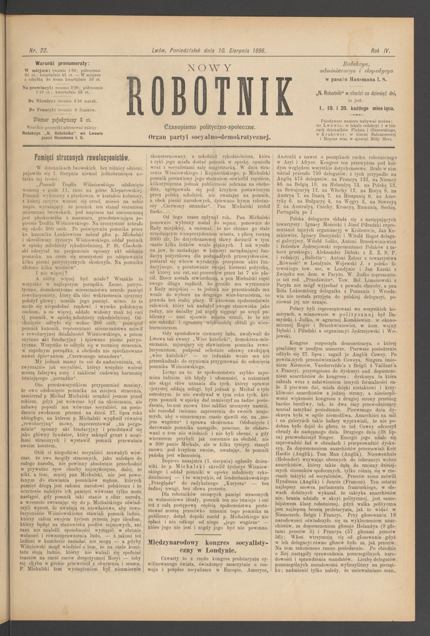 Nowy Robotnik&nbsp;: czasopismo polityczno-społeczne&nbsp;: organ partyi socyalno-demokratycznej. Rok&nbsp;4, 1896, numer&nbsp;22